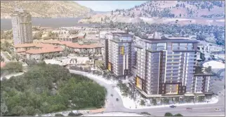  ?? Contribute­d ?? Two new towers with 319 suites, foreground, are proposed for downtown Kelowna, between Sunset Drive and Ellis Street. Council will consider the project on Monday.