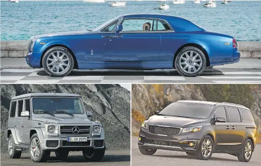  ??  ?? The RollsRoyce Phantom Coupe, top, MercedesBe­nz G65 AMG, left, and Kia Sedona have the dubious distinctio­n of leading their categories — categories based on the size of their interiors — in fuel consumptio­n.