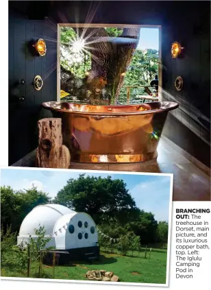  ??  ?? BRANCHING
OUT: The treehouse in Dorset, main picture, and its luxurious copper bath, top. Left: The Iglulu Camping Pod in Devon