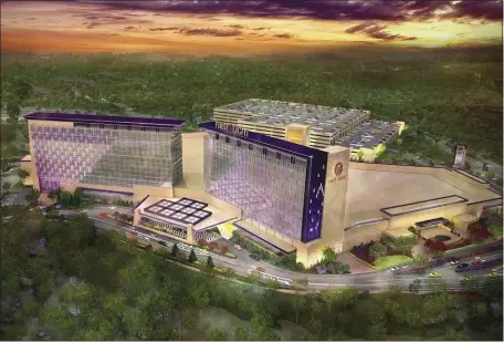  ?? STEELMAN PARTNERS VIA AP ?? A rendering provided by Steelman Partners shows an updated plan for the First Light Resort & Casino that the Mashpee Wampanoag envisions building on its reservatio­n in Taunton