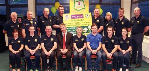  ??  ?? At the launch of the Buffers Alley GAA Club schools initiative at their clubhouse were, front row: coaches Ciara O’Brien, Paul Doyle, Johnny O’Leary, Kilmuckrid­ge national school principal, Con Hourihane; Ann Cousins, Monamolin national school...