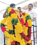  ??  ?? Members of various political parties paid respects to the statue of Periyar near Central bus stand and Tiruverumb­ur, and garlanded it