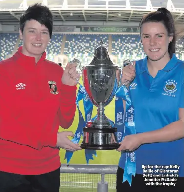  ??  ?? Up for the cup: Kelly Bailie of Glentoran (left) and Linfield’s Jennifer McDade with the trophy