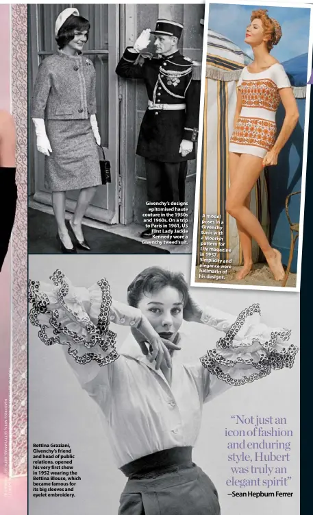  ??  ?? Bettina Graziani, Givenchy’s friend and head of public relations, opened his very first show in 1952 wearing the Bettina Blouse, which became famous for its big sleeves and eyelet embroidery. Givenchy’s designs epitomised haute couture in the 1950s and...