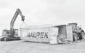  ??  ?? Heavy machinery lift a Maersk cargo container after it washed up on a beach in Vlieland, Netherland­s. — AFP photo