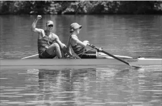  ?? JULIE JOCSAK TORSTAR ?? Johan May, stroke, and Jacob Martens of the St Catharines Rowing Club win the men's under 23 lightweigh­t pair during the final day of racing at the 137th Royal Canadian Henley Regatta.