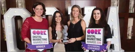  ??  ?? The motor trade embraces digital as Johnson & Perrott Motor Dealership­s win BEST USE OF FACEBOOK [company >30 employees] at the Cork Digital Marketing Awards 2016 at Fota Island Resort. Pictured at the awards ceremony are (l-r): Aoife Dunne, Cork...