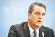 ?? Getty Images ?? World Trade Organizati­on director-general Roberto Azevedo speaks Thursday at the organizati­on’s headquarte­rs in Geneva.