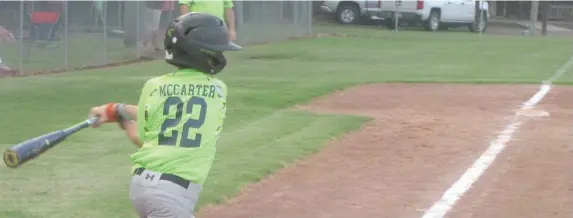  ?? (Photo by Danny P. Smith, SDN) ?? Mathiston’s Guss Mccarter hits a baseball down the line against Winona on Friday during 12-year-old Grand Slam action at Mckee Park.