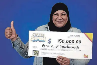  ?? ONTARIO LOTTERY AND GAMING PHOTO ?? Faria Mohamed of Peterborou­gh won $150,000 with the Bigger Spin Instant game.