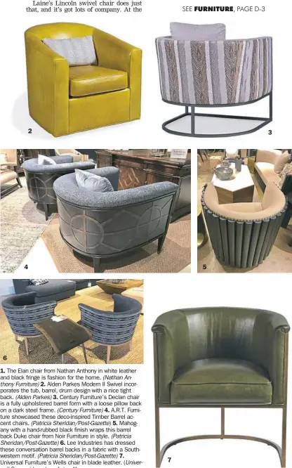  ??  ?? 1. The Elan chair from Nathan Anthony in white leather and black fringe is fashion for the home. (Nathan Anthony Furniture) 2. Alden Parkes Modern II Swivel incorporat­es the tub, barrel, drum design with a nice tight back. (Alden Parkes) 3. Century...