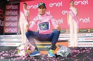  ??  ?? Quintana attuale maglia rosa dopo la vittoria di ieri nell’arrivo in salita