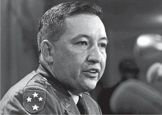  ?? AP ?? Captain Ernest Medina at a Pentagon news conference in 1969. He was charged with overall responsibi­lity for the massacre of civilians at My Lai, southern Vietnam, in 1968, but was eventually acquitted at a court-martial.