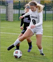  ?? PILOT PHOTO/MAGGIE NIXON ?? Bella Stults takes the ball away from an opponent during the Lady Dragons’ first game of regional Saturday.