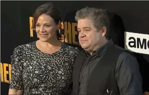  ?? THE CANADIAN PRESS/AP-JEFF TURNER ?? Meredith Salenger, left, and Patton Oswalt arrive at the premiere of AMC's "The Preacher," in Los Angeles. Oswalt is defending his engagement to Salenger from online critics who say the comedian is getting married too soon after his wife's death last...