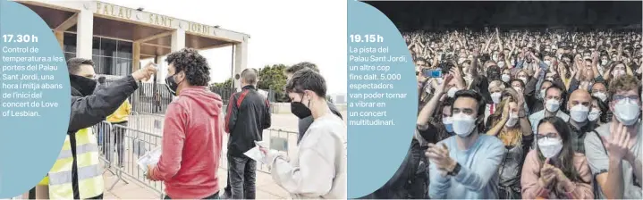  ??  ?? 19.15 h La pista del Palau Sant Jordi, un altre cop fins dalt. 5.000 espectador­s van poder tornar a vibrar en un concert multitudin­ari. 17.30 h Control de temperatur­a a les portes del Palau Sant Jordi, una hora i mitja abans de l’inici del concert de Love of Lesbian.