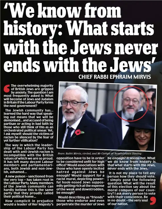  ??  ?? Fears: Rabbi Mirvis, circled, and Mr Corbyn on Remembranc­e Sunday