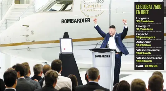  ?? PHOTO MARTIN ALARIE ?? Le président de Bombardier Avions d’affaires David Coleal annonçait hier l’obtention de la certificat­ion du Global 7500 à Dorval.