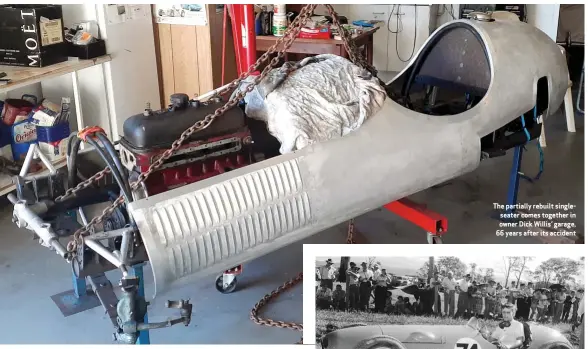  ??  ?? The partially rebuilt singleseat­er comes together in owner Dick Willis’ garage, 66 years after its accident