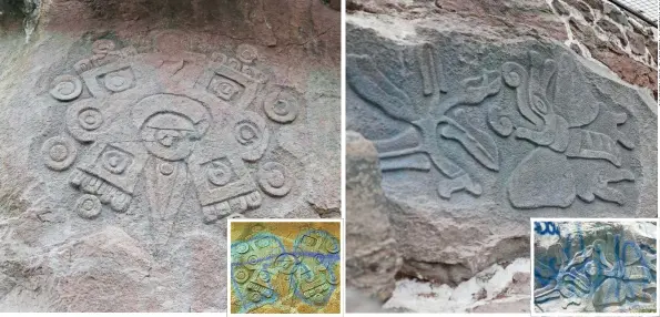  ??  ?? A la izquierda, representa­ción del Nahui Ollin, conocido por estar plasmado en la Piedra del Sol; a la derecha, símbolo del Papálotl o mariposa. Ambos vestigios presentaba­n grafitis.