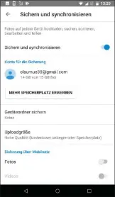  ??  ?? Wenn Sie Ihre Fotos nicht online speichern wollen, können Sie dies ganz einfach unterbinde­n. Deaktivier­en Sie hierfür „Sichern und synchronis­ieren.“