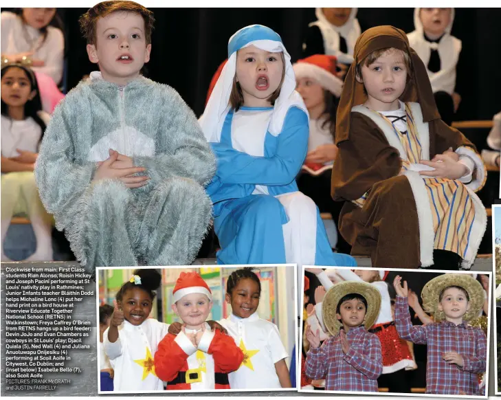  ?? PICTURES: FRANK McGRATH and JUSTIN FARRELLY ?? Clockwise from main: First Class students Rian Alonso, Roisin Hickey and Joseph Pacini performing at St Louis’ nativity play in Rathmines; Junior Infants teacher Bláithín Dodd helps Michaline Lonc (4) put her hand print on a bird house at Riverview...