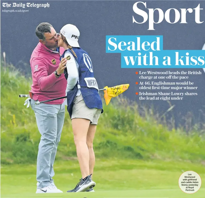  ??  ?? Lee Westwood with girlfriend and caddie Helen Storey yesterday at Royal Portrush