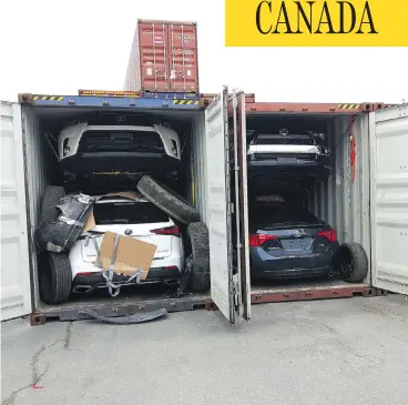  ?? INSURANCE BUREAU OF CANADA ?? Four stolen vehicles are seen in shipping containers in Montreal, one of the key jumping-off points for North American vehicles taken by criminal gangs and destined for the Mideast, Asia or West Africa.