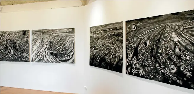  ??  ?? Above, Timaru artist Craig Cook use of charcoal to produce a series of large-scale drawings to reveal the limitation­s of human perception­s of nature, raising a number of searching questions.