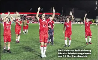  ??  ?? Die Spieler von Fußball-Zwerg Gibraltar feierten ausgelasse­n das 2:1 über Liechtenst­ein.