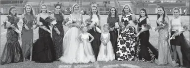  ?? Photo by Randy Moll ?? The Gravette High School homecoming court on Friday included freshman maid Shylee Morrison (left), sophomore maid Gracie Berger, junior maid Brooklyn Lykins, senior maid Carlie Ericson, senior princess Isabella Dell, flower girl Whitley Vore, senior...