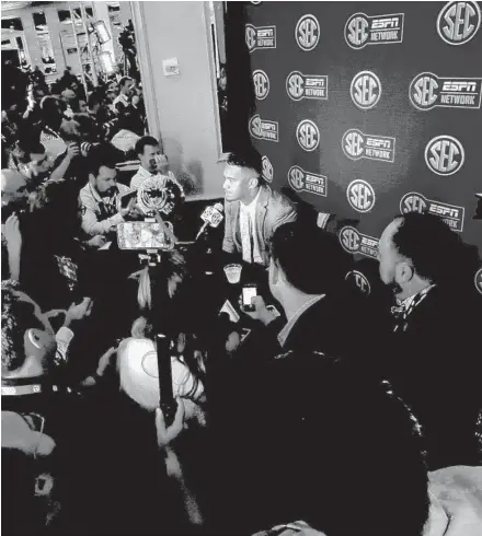  ?? BUTCH DILL/AP ?? Alabama quarterbac­k Tua Tagovailoa speaks to reporters during SEC Media Days on Wednesday in Hoover, Ala.