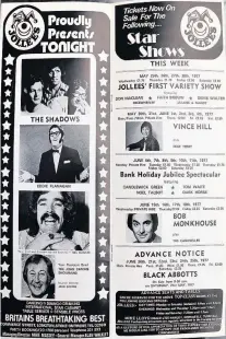  ??  ?? A Jollees programme showing some of the stars performing there in June 1977.