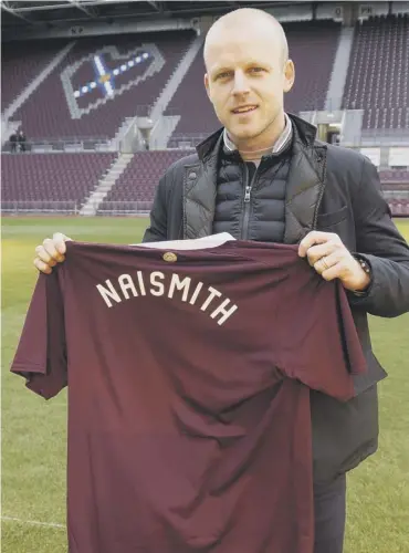  ??  ?? 0 Steven Naismith on the Tynecastle pitch with a Hearts shirt after joining the club on loan yesterday.