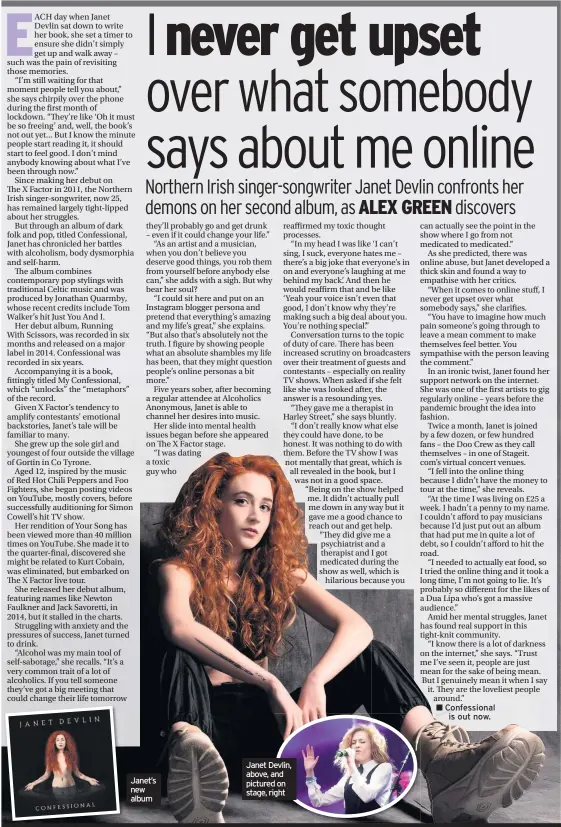  ??  ?? Janet’s new album
Janet Devlin, above, and pictured on stage, right
Confession­al is out now.