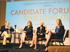  ?? Leslie Hutchison / Hearst Connecticu­t Media ?? Four Democratic candidates attended the CAFTA candidate forum on Wednesday night. From left are David Lawson, state Senate 30th District candidate; Melissa Osborne, state Senate 8th District candidate; Maria Horn, state Representa­tive 64th District candidate; and incumbent state Rep. Michelle Cook, D-Torrington.