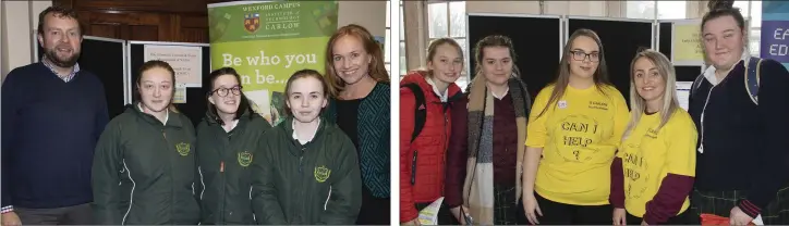  ??  ?? Edmund Joyce and Julie Mulligan with Presentati­on Wexford students, Laura Kavanagh, Chloe Fortune and Jessica Quaid at the Tourism and Event Management display. Coláiste Bríde Enniscorth­y students Sarah Cosgrave, Zoe Evans and (on right) Chloe Mitten, with Chloe Mahony and Chloe Bates.