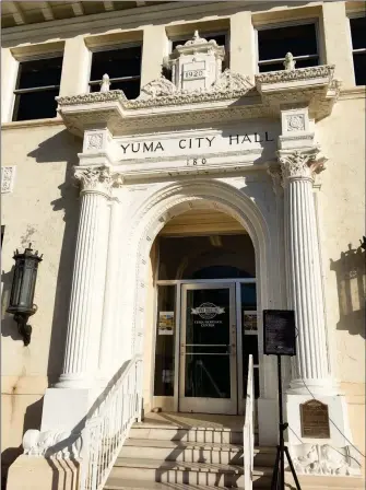  ?? PHOTOS BY MARA KNAUB/YUMA SUN ?? THE ORNATE ENTRANCE OF THE OLD CITY HALL, LOCATED AT 180 W. 1ST ST., shows 1920 as the year the building was completed. The nearly century-old building needs a lot of repairs.