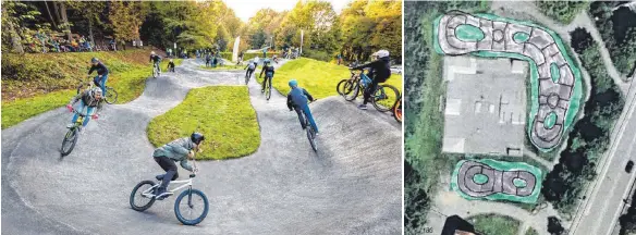  ?? FOTO: STADT/PUMPTRACK.DE ?? So könnte ein künftiger „Pumptrack“in Wangen aussehen (Foto links). Wo eine solche Anlage stehen könnte, ist nach der jüngsten Ratsdiskus­sion jedoch unklar. Für den Bereich bei der Skateranla­ge am Jugendhaus hat die Stadt eine Skizze erstellen lassen...