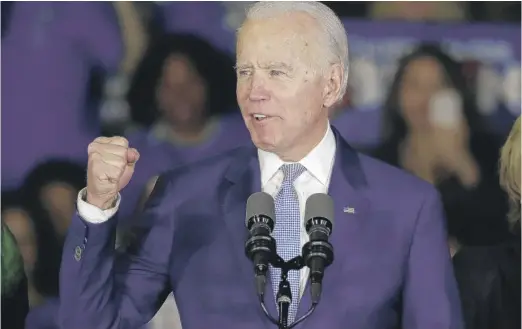  ?? CHRIS CARLSON/AP ?? Former Vice President Joe Biden said at his Los Angeles rally on Tuesday night, “They don’t call it Super Tuesday for nothing.”