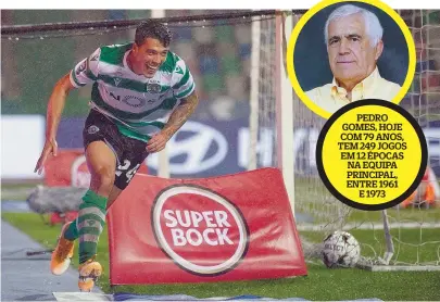  ??  ?? PEDRO GOMES, HOJE COM 79 ANOS, TEM 249 JOGOS EM 12 ÉPOCAS NA EQUIPA PRINCIPAL, ENTRE 1961
E 1973
Pedro Porro tem sido um dos destaques do Sporting: aqui, festeja o golo que deu uma Taça da Liga