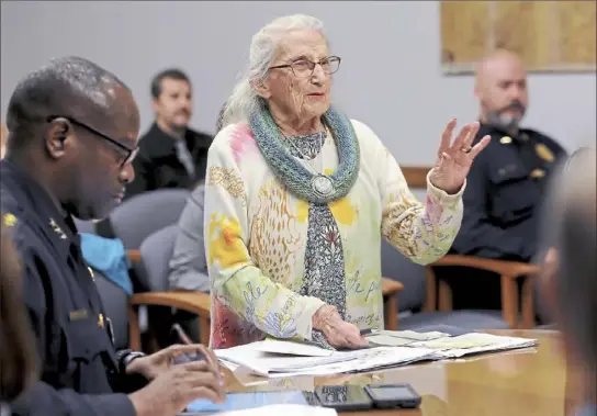  ?? Pam Panchak/Post-Gazette ?? Inmate advocate Marion Damick addresses the Allegheny County Jail Oversight Board during public comments Thursday. Ms. Damick has pushed for re-evaluation of the jail's suicide prevention policies.