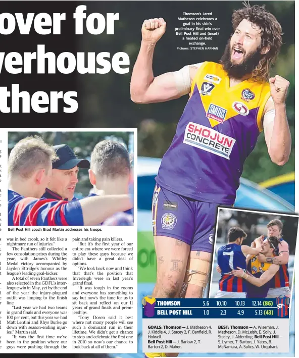  ?? Pictures: STEPHEN HARMAN ?? Bell Post Hill coach Brad Martin addresses his troops. Thomson’s Jared Matheson celebrates a goal in his side’s preliminar­y final win over Bell Post Hill and (inset) a heated on-field exchange.