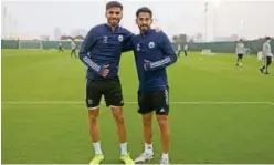  ??  ?? ↑
Sharjah players share a light moment during a training session ahead of their President’s Cup semi-final match.