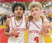  ?? Peter Wallace/For Hearst Connecticu­t Media ?? Highlander­s Freddie Camp and Tristan DiMartino shared the glory of a last-minute Northweste­rn win over Shepaug at the top of the Berkshire League Friday night at Northweste­rn High School.
