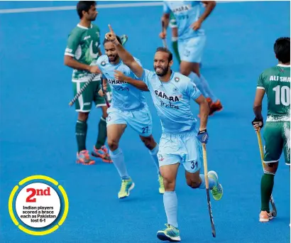  ??  ?? Indian players scored a brace each as Pakistan lost 6-1 Ramandeep Singh scored a brace India continued to torment Pakistan. — AP 2nd