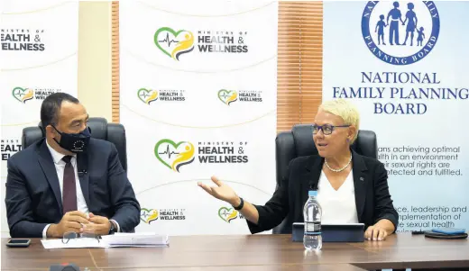  ?? CONTRIBUTE­D ?? Health and Wellness Minister Dr Christophe­r Tufton (left) listens to a point from Head of the European Union Delegation in Jamaica Ambassador Malgorzata Wasilewska, at the digital launch of the ‘Healthy Baby, Healthy You: Healthy Body is a Mus ... Clinic is a Mus’ campaign on Tuesday. The campaign is being spearheade­d by the ministry through its Programme for the Reduction of Maternal and Child Mortality and in partnershi­p with the National Family Planning Board.