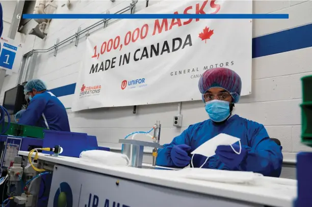  ?? GM Canada photo ?? Navdeep Bains, Minister of Innovation, Science and Industry visits GM Canada’s Oshawa Operations on July 10, 2020 to help celebrate the one millionth mask produced out of the Canadian Mask Making (CMM) room for the government of Canada.