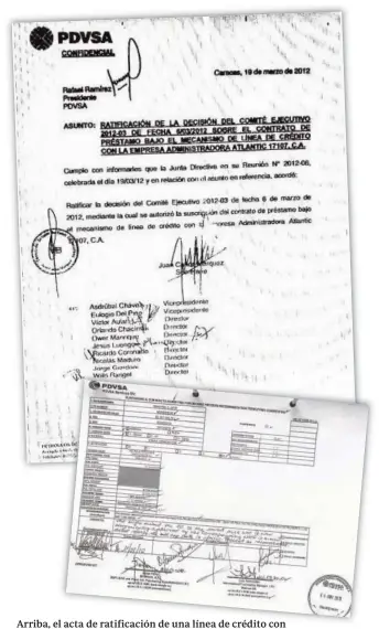  ??  ?? Arriba, el acta de ratificaci­ón de una línea de crédito con Atlantic, sospechosa de fraude cambiario, de la Junta Directiva en la que estaba Maduro. Abajo, un sobrepreci­o del 270%.