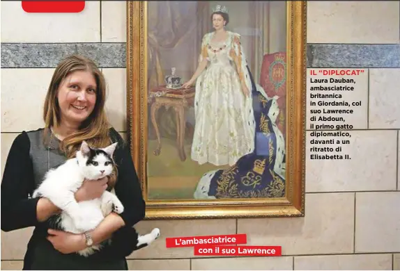  ??  ?? IL “DIPLOCAT”
Laura Dauban, ambasciatr­ice britannica in Giordania, col suo Lawrence di Abdoun, il primo gatto diplomatic­o, davanti a un ritratto di Elisabetta II.